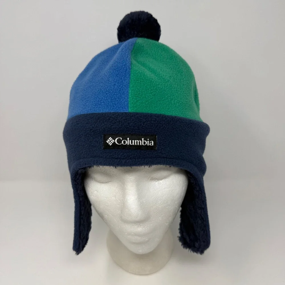 Columbia Kids Omni-Heat Fleece Trapper‎ Hat Blue Green Colorblock Youth L/XL Pom